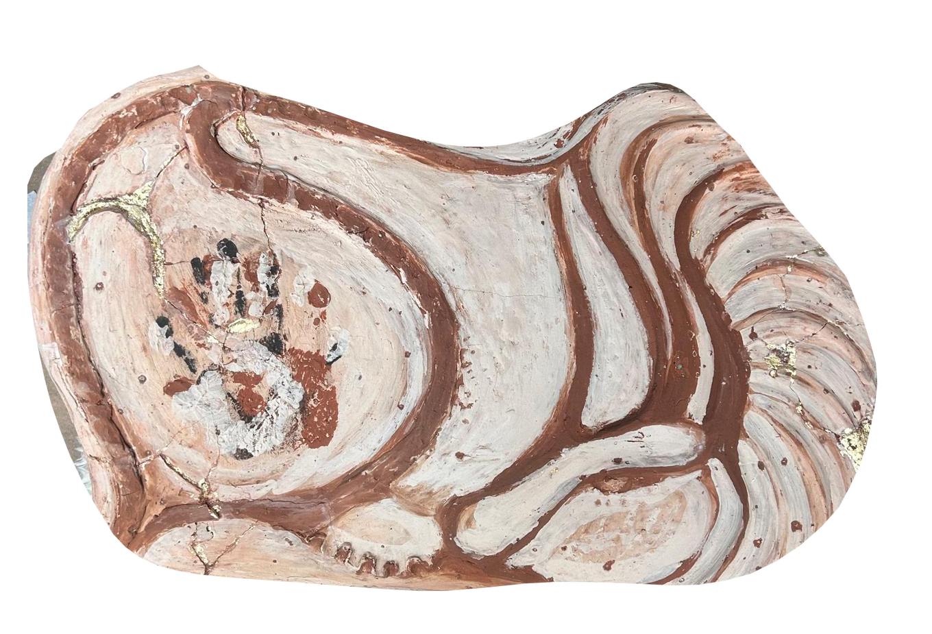 A wide clay sculpture with layered curved ridges, pale textured surfaces, and dark terracotta bands